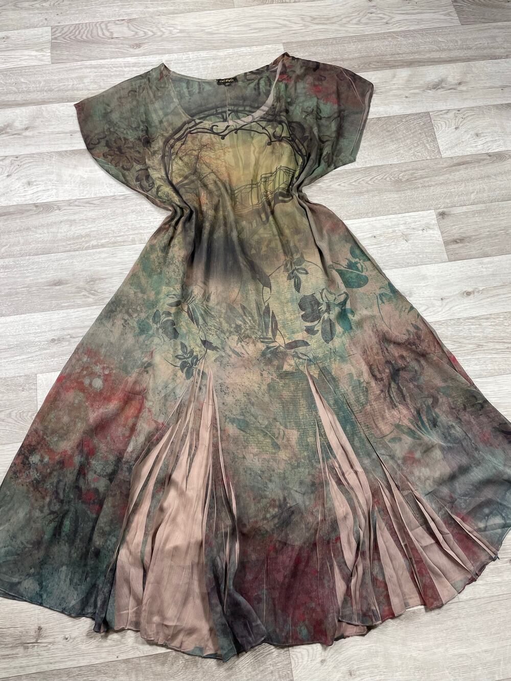 🔥Cal Style Made In USA Art Nouveau Silky Chiffon Y2K Romantic Whimsical Dress